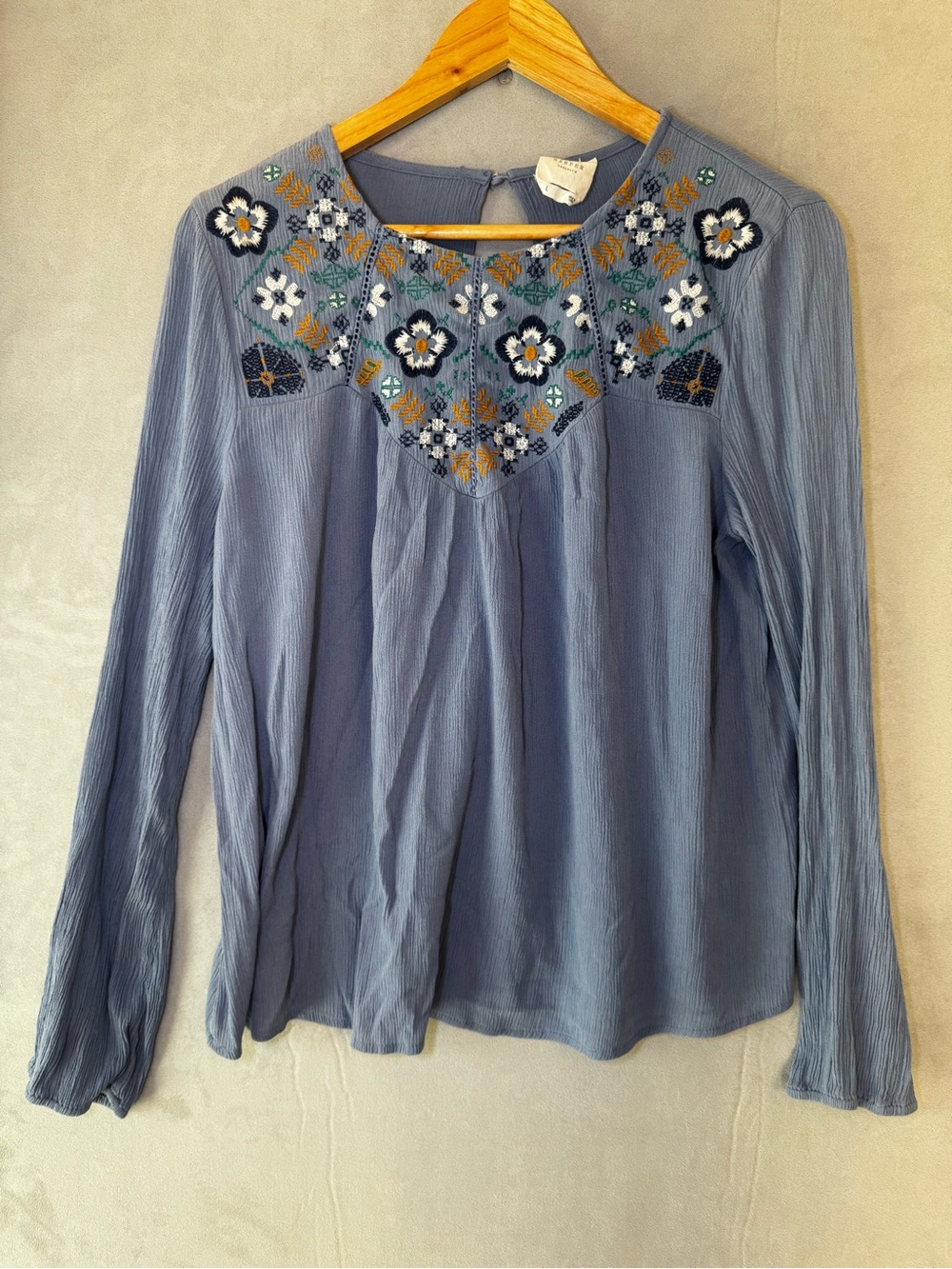 Harper Heritage Blouse L Blue Embroidered Floral Peasant Top Boho Cottagecore